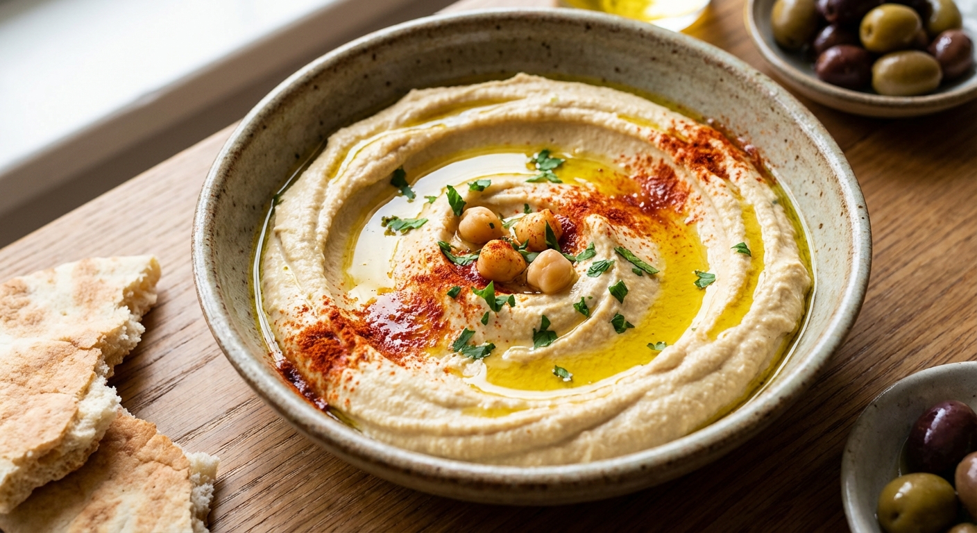 A real photograph of a bowl of creamy hummus with olive oil and paprika