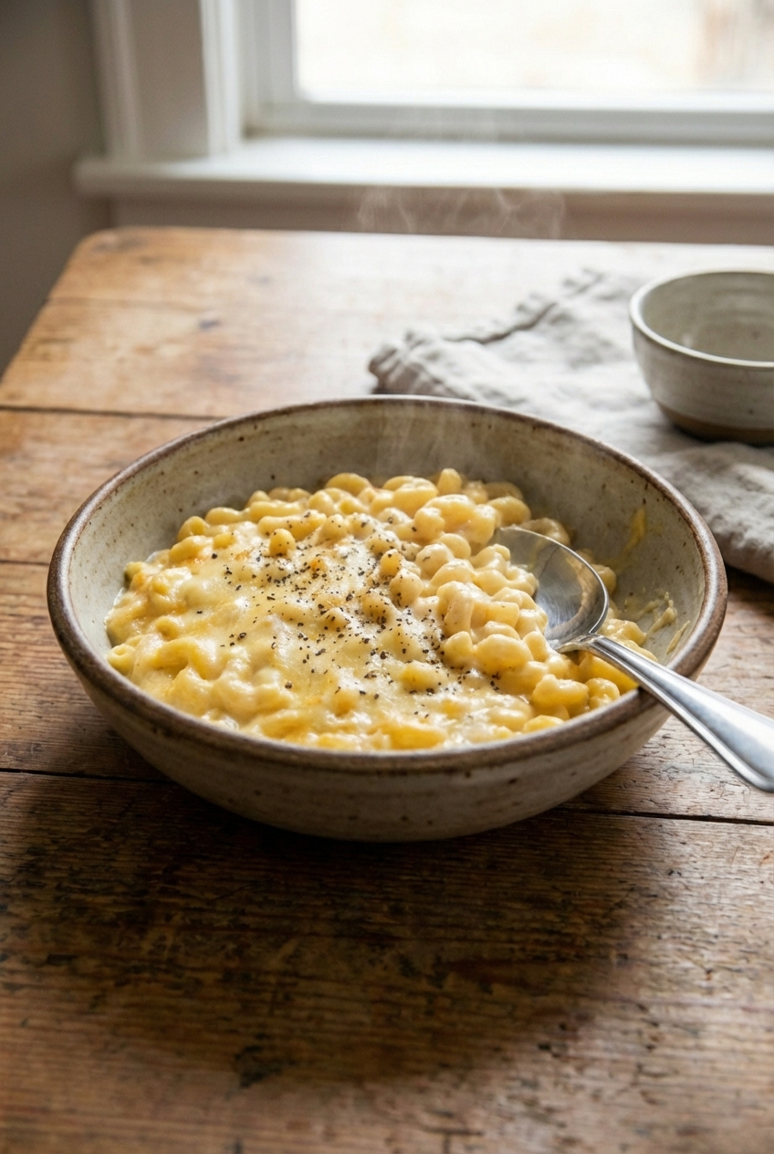 A real photograph of a bowl of creamy mac and cheese with glossy sauce and a spoon resting in the bowl