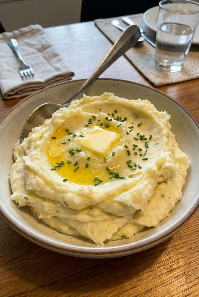 A real photograph of a bowl of creamy mashed potatoes with butter melting on top on a dinner table