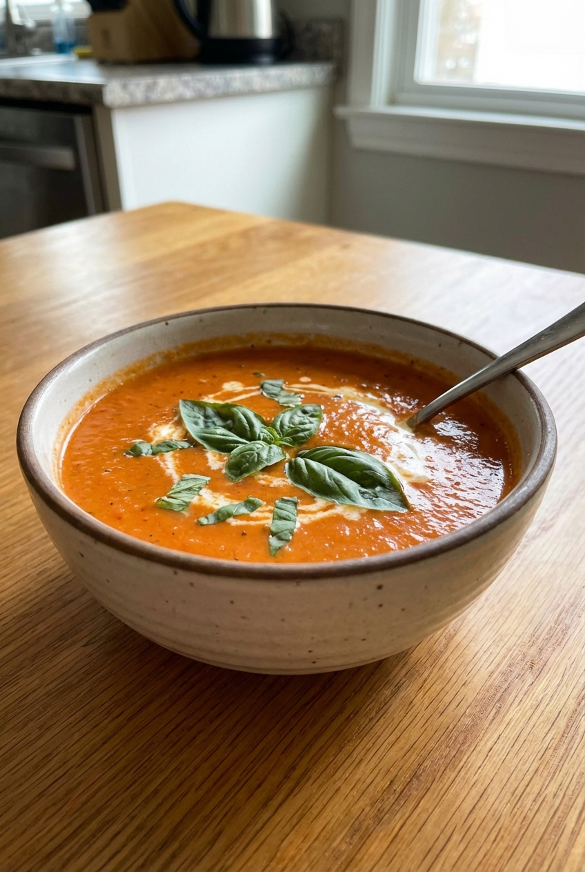 A real photograph of a bowl of creamy tomato soup with basil on top