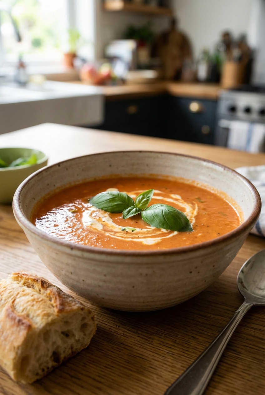 A real photograph of a bowl of creamy tomato soup with basil on top