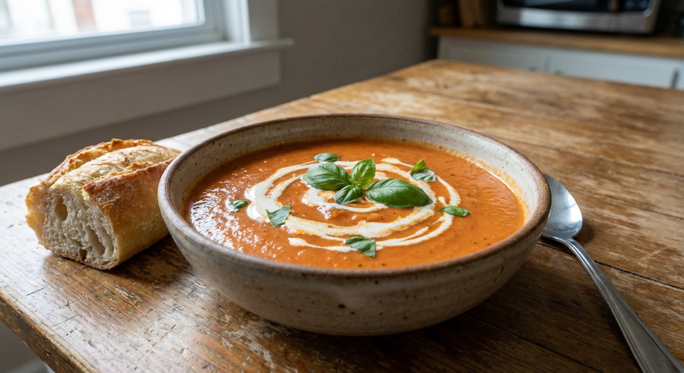 A real photograph of a bowl of creamy tomato soup with a swirl of cream on top