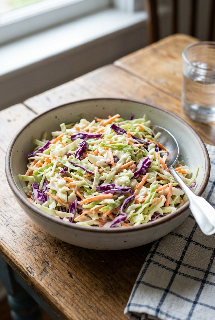 A real photograph of a bowl of crunchy coleslaw with carrots and a creamy dressing