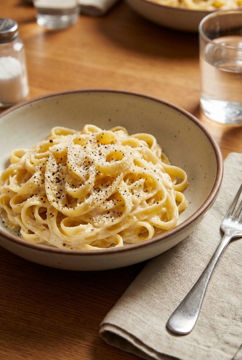 A real photograph of a bowl of fettuccine Alfredo topped with cracked black pepper and grated Parmesan on a dinner table