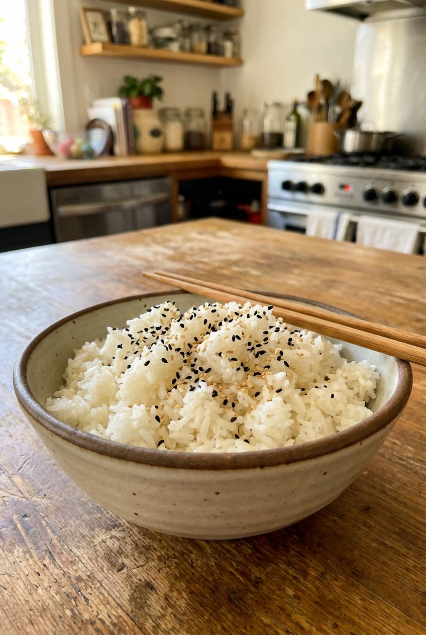 A real photograph of a bowl of fluffy steamed jasmine rice with sesame seeds and a pair of chopsticks on a table