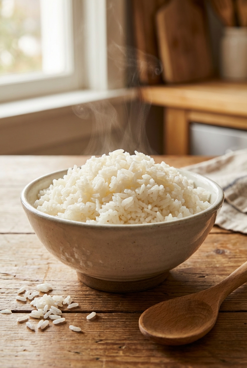 A real photograph of a bowl of fluffy steamed white rice with a few grains scattered on a wooden table