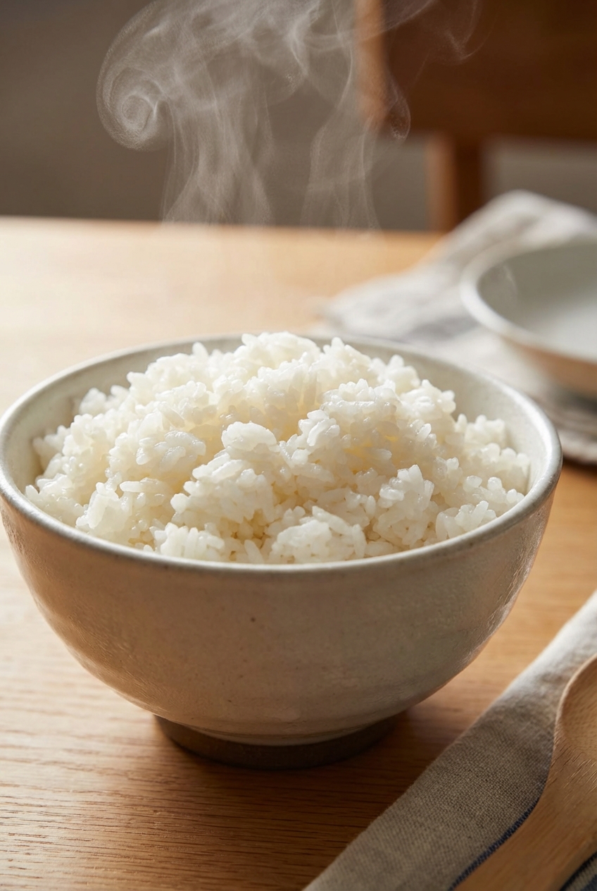A real photograph of a bowl of fluffy white rice with steam rising