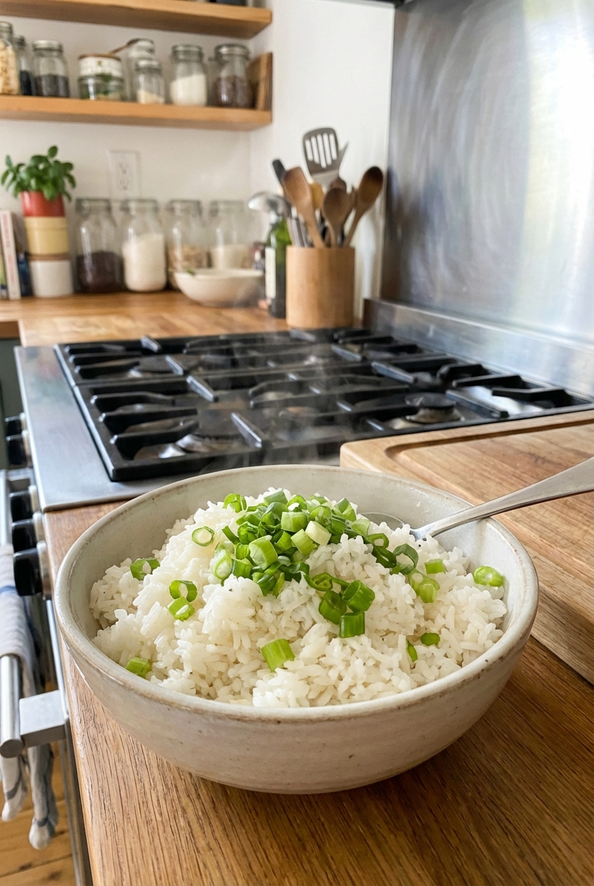 A real photograph of a bowl of fluffy white rice with chopped scallions on top on a kitchen counter