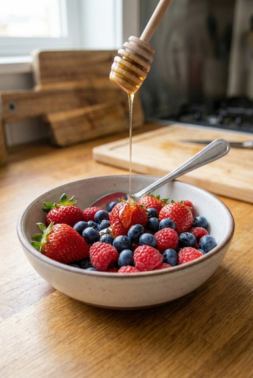A real photograph of a bowl of fresh berries with a spoon and a small drizzle of honey