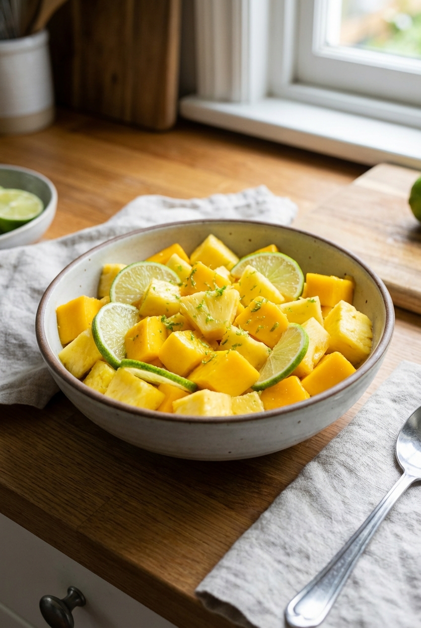 A real photograph of a bowl of fresh fruit salad with pineapple, mango, and lime