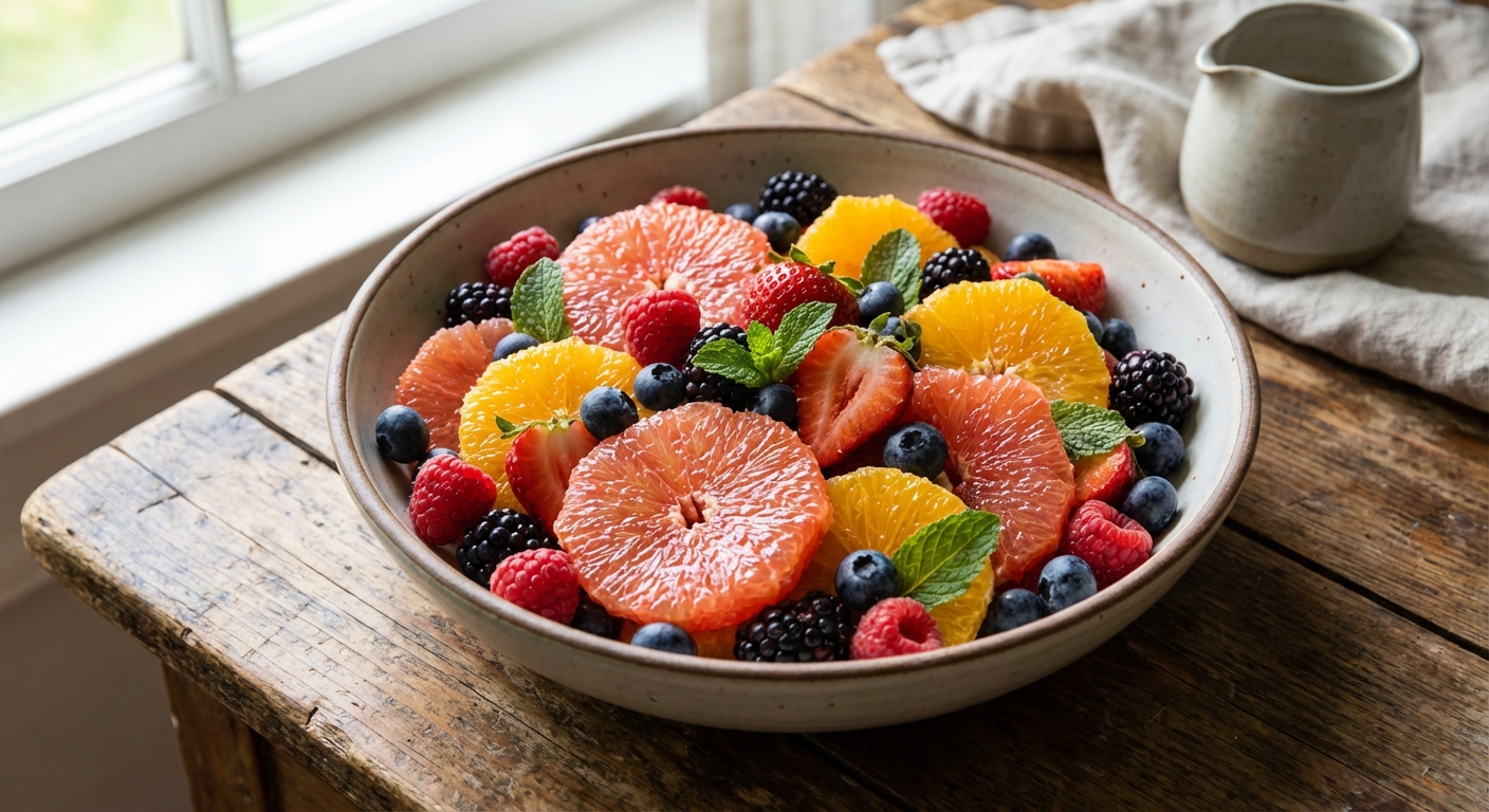 A real photograph of a bowl of fresh fruit salad with citrus segments and berries on a wooden table