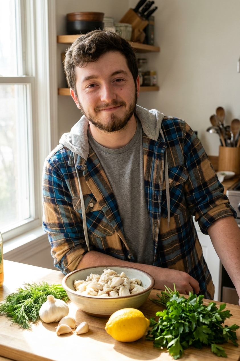 A real photograph of a bowl of lump crab meat on a kitchen counter next to a lemon, garlic cloves, and a bunch of herbs, natural window light