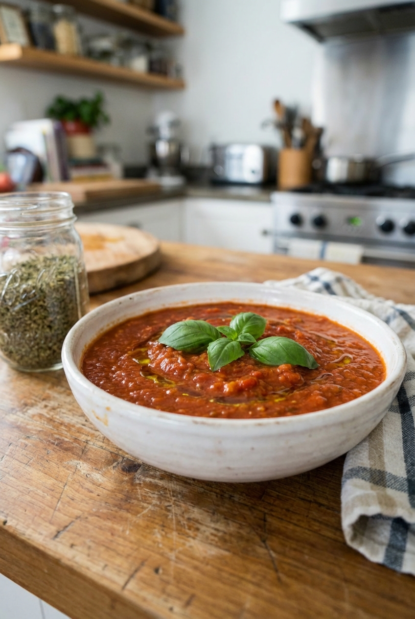 A real photograph of a bowl of marinara sauce topped with basil on a kitchen counter