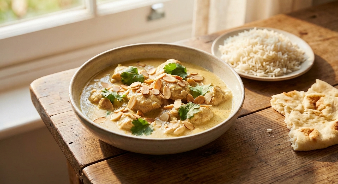 A real photograph of a bowl of mild, creamy chicken korma with a pale golden sauce, garnished with toasted sliced almonds and cilantro, served with basmati rice and naan on a wooden table in warm natural light