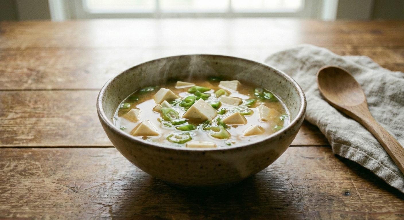 A real photograph of a bowl of miso soup with tofu and scallions