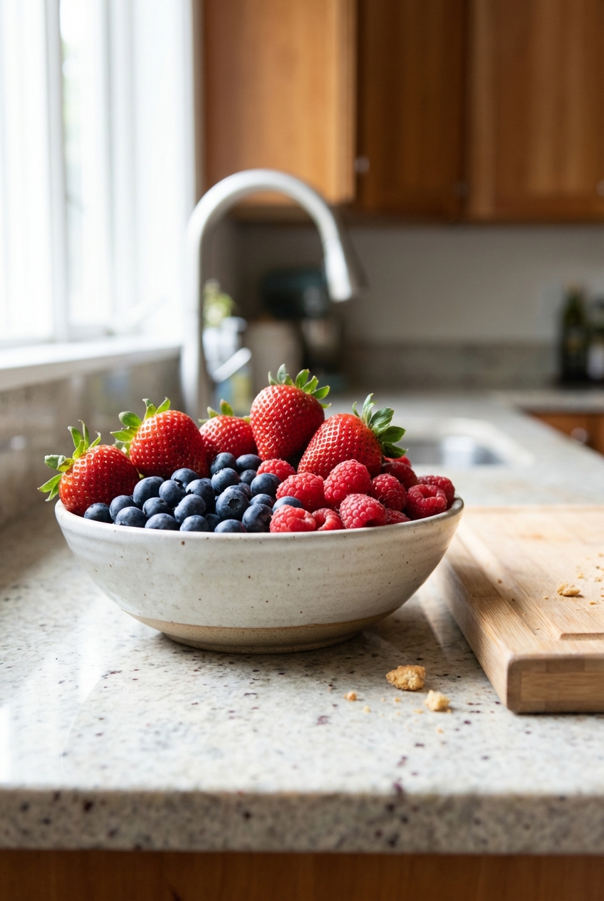 A real photograph of a bowl of mixed fresh berries on a kitchen counter