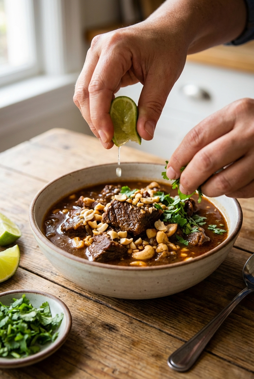 A real photograph of a bowl of nutty sweet beef stew being finished with a squeeze of lime and chopped cilantro