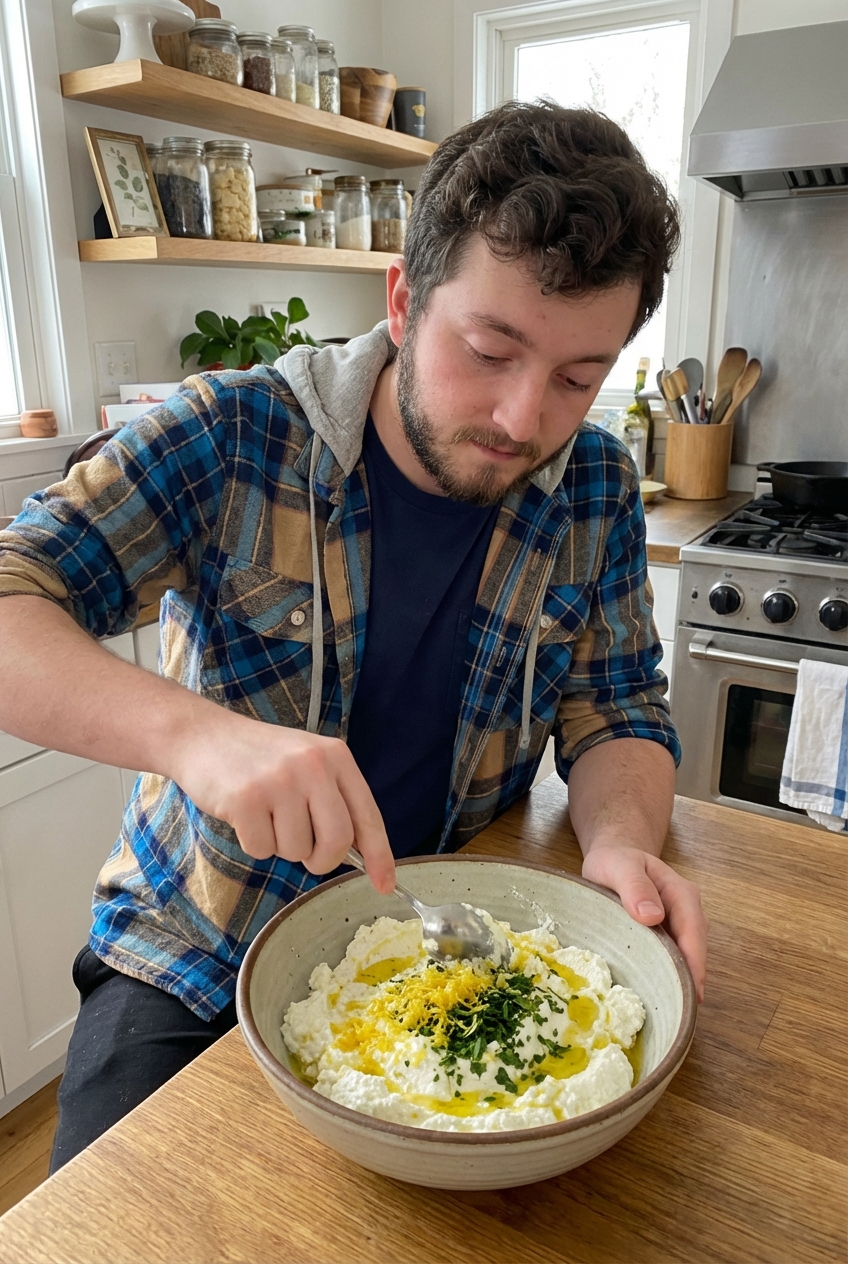 A real photograph of a bowl of ricotta being mixed with lemon zest, herbs, and olive oil on a kitchen counter