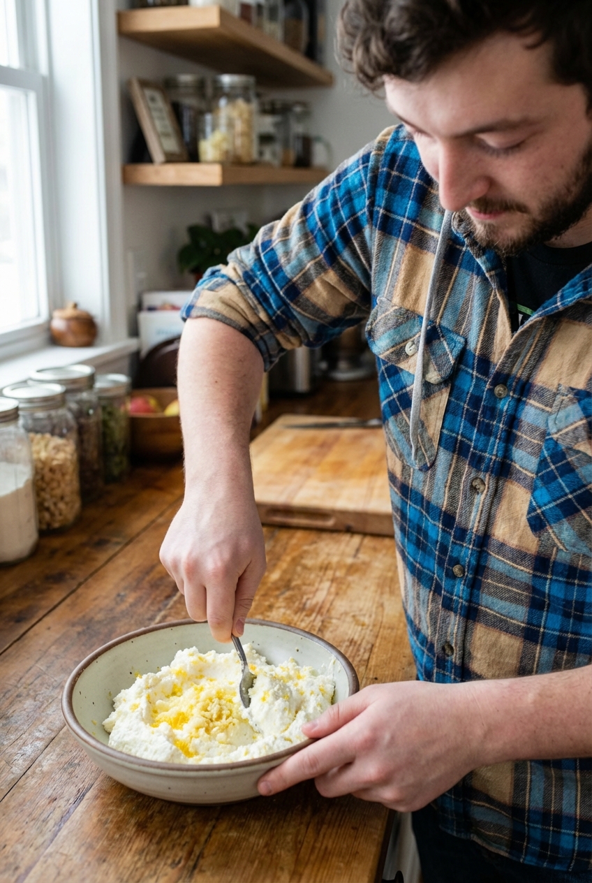 A real photograph of a bowl of ricotta being mixed with lemon zest and grated garlic with a spoon on a kitchen counter