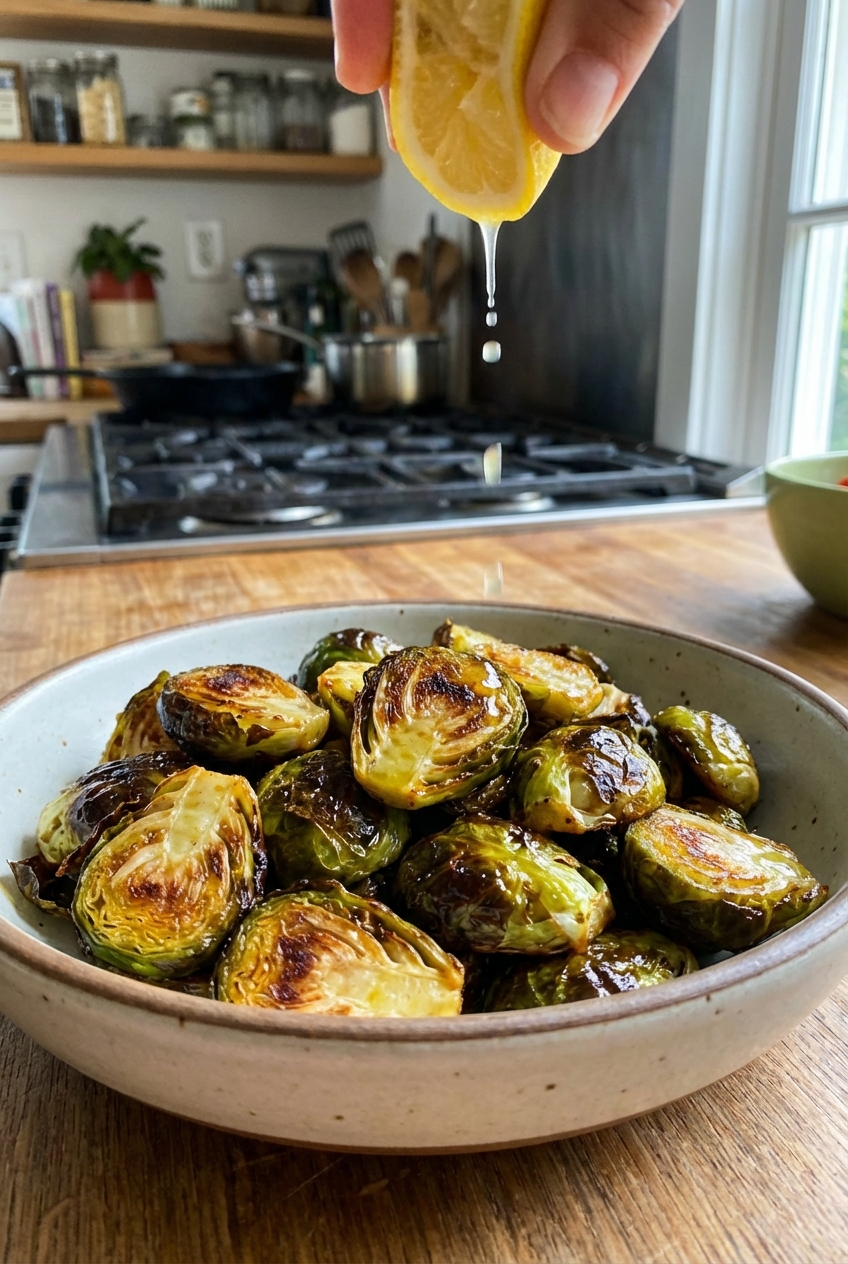 A real photograph of a bowl of roasted Brussels sprouts with browned edges and a squeeze of lemon