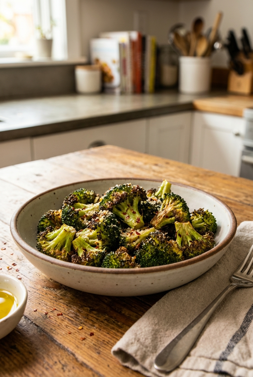 A real photograph of a bowl of roasted broccoli with browned edges