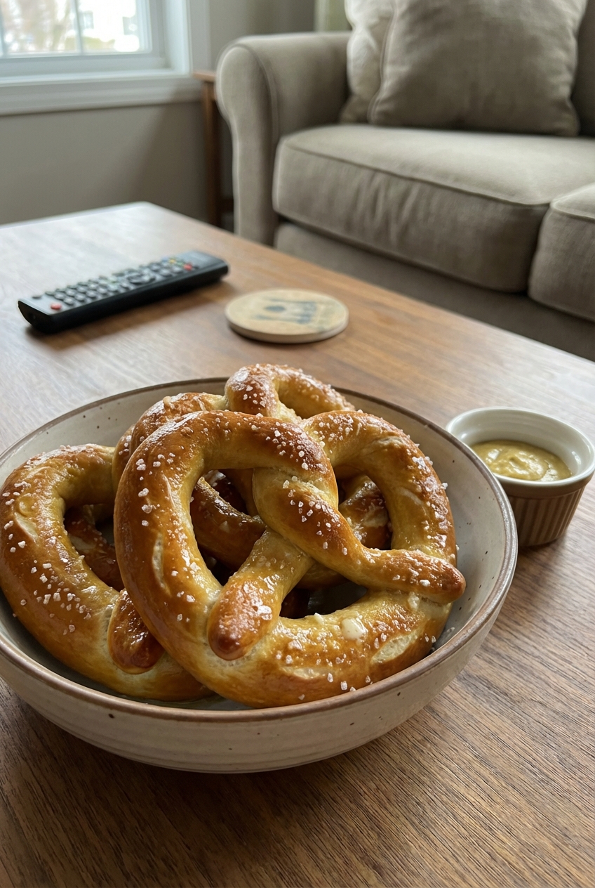 A real photograph of a bowl of salty buttered pretzels on a coffee table