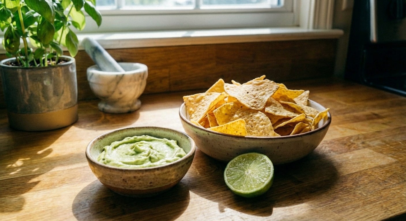 A real photograph of a bowl of salty tortilla chips with a creamy avocado dip and a lime half nearby