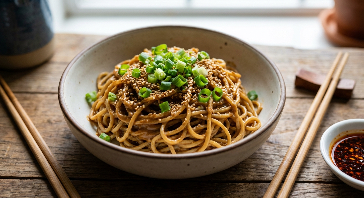 A real photograph of a bowl of sesame noodles topped with scallions
