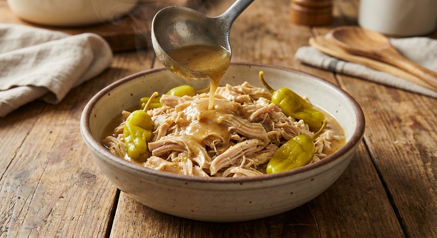 A real photograph of a bowl of shredded Mississippi chicken with pepperoncini peppers and a ladle of buttery gravy being poured over it, shot close up on a wooden table