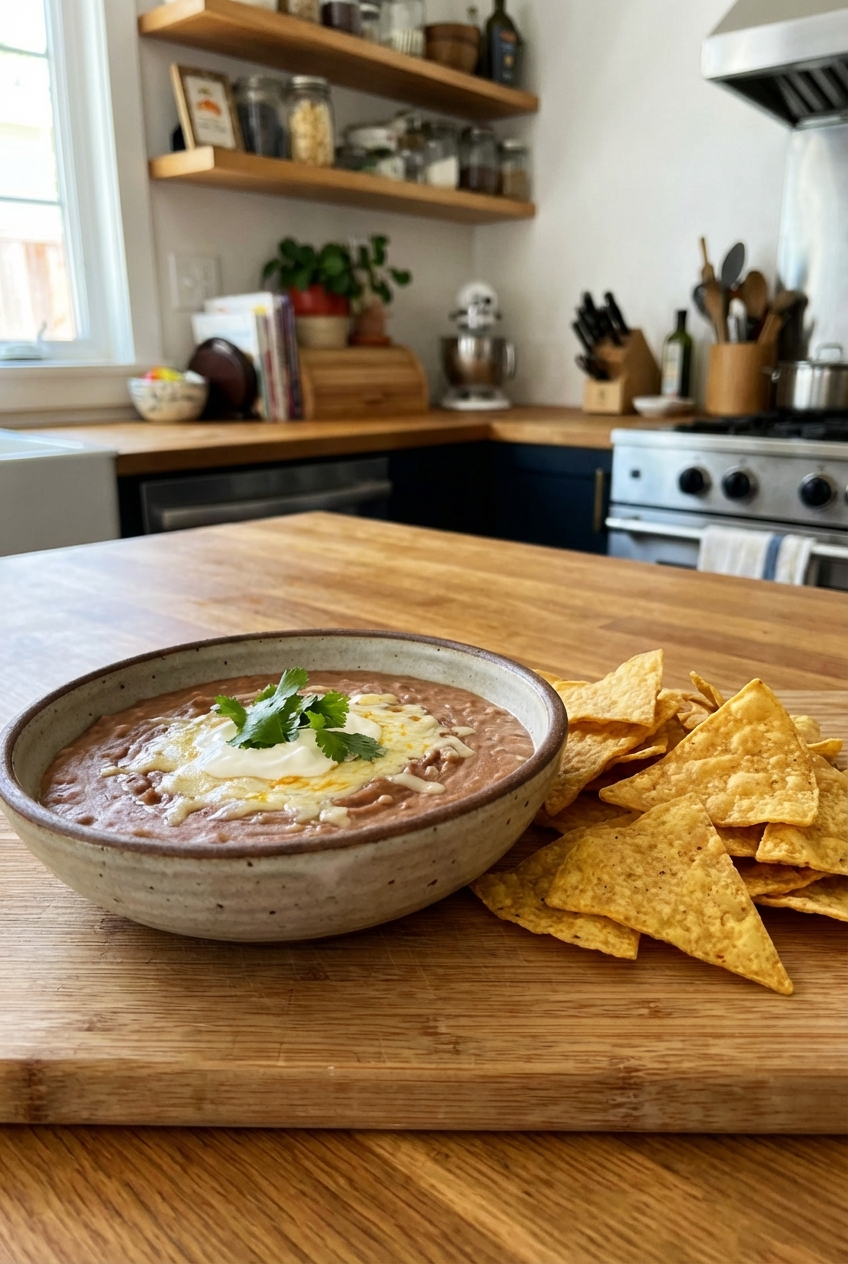A real photograph of a bowl of silky refried beans with tortilla chips on the side on a kitchen counter