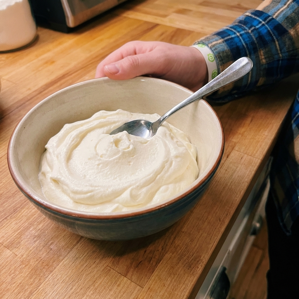 A real photograph of a bowl of softly whipped cream with a spoon