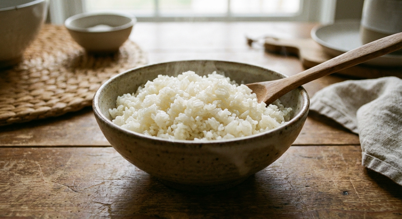 A real photograph of a bowl of steamed jasmine rice on a wooden table
