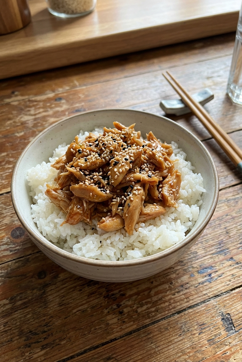 A real photograph of a bowl of steamed rice topped with shredded honey garlic chicken and sesame seeds on a wooden table with chopsticks nearby