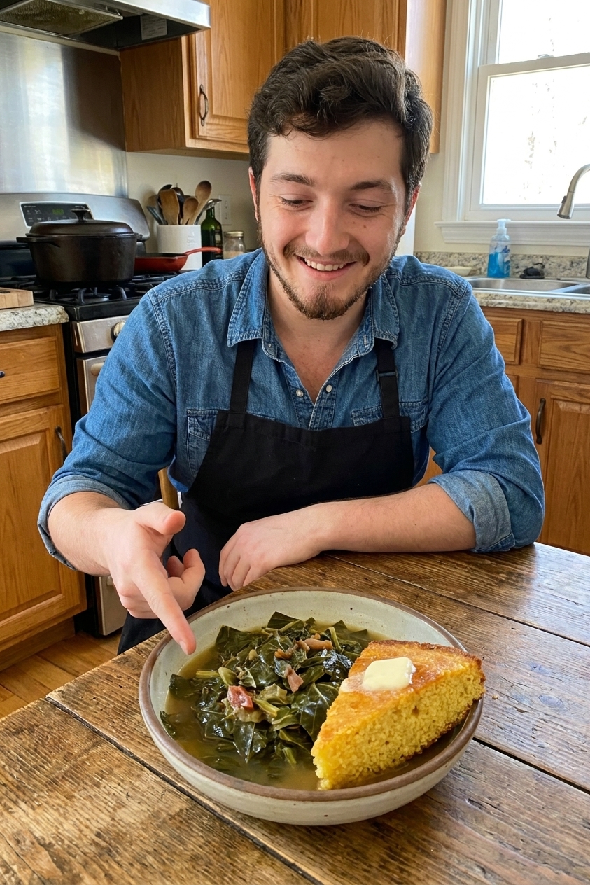 A real photograph of a bowl of stewed collard greens with pot likker broth beside a warm slice of cornbread on a wooden table