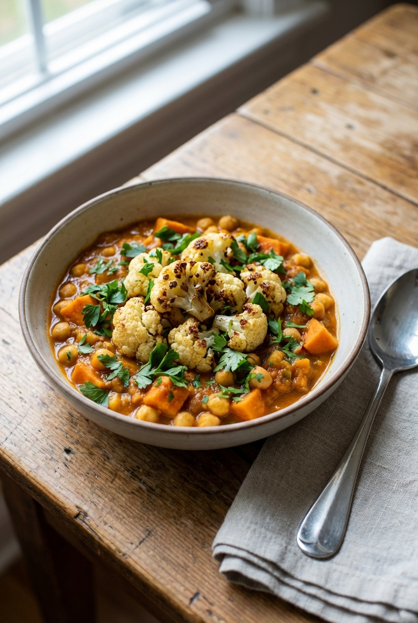 A real photograph of a bowl of sweet potato and chickpea stew topped with roasted cauliflower and herbs on a wooden table with a spoon nearby