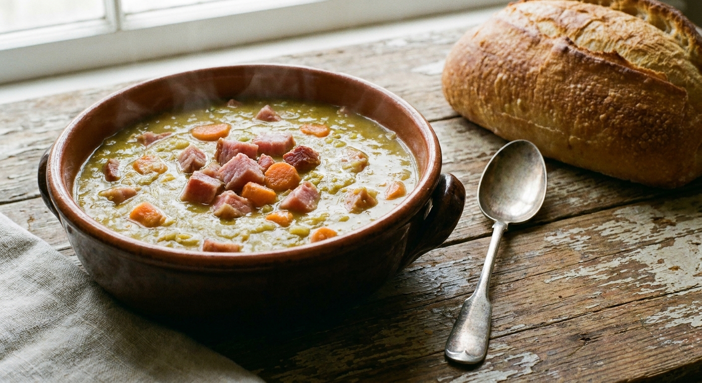 A real photograph of a bowl of thick split pea soup with chunks of ham and carrots on a rustic table with a spoon beside it