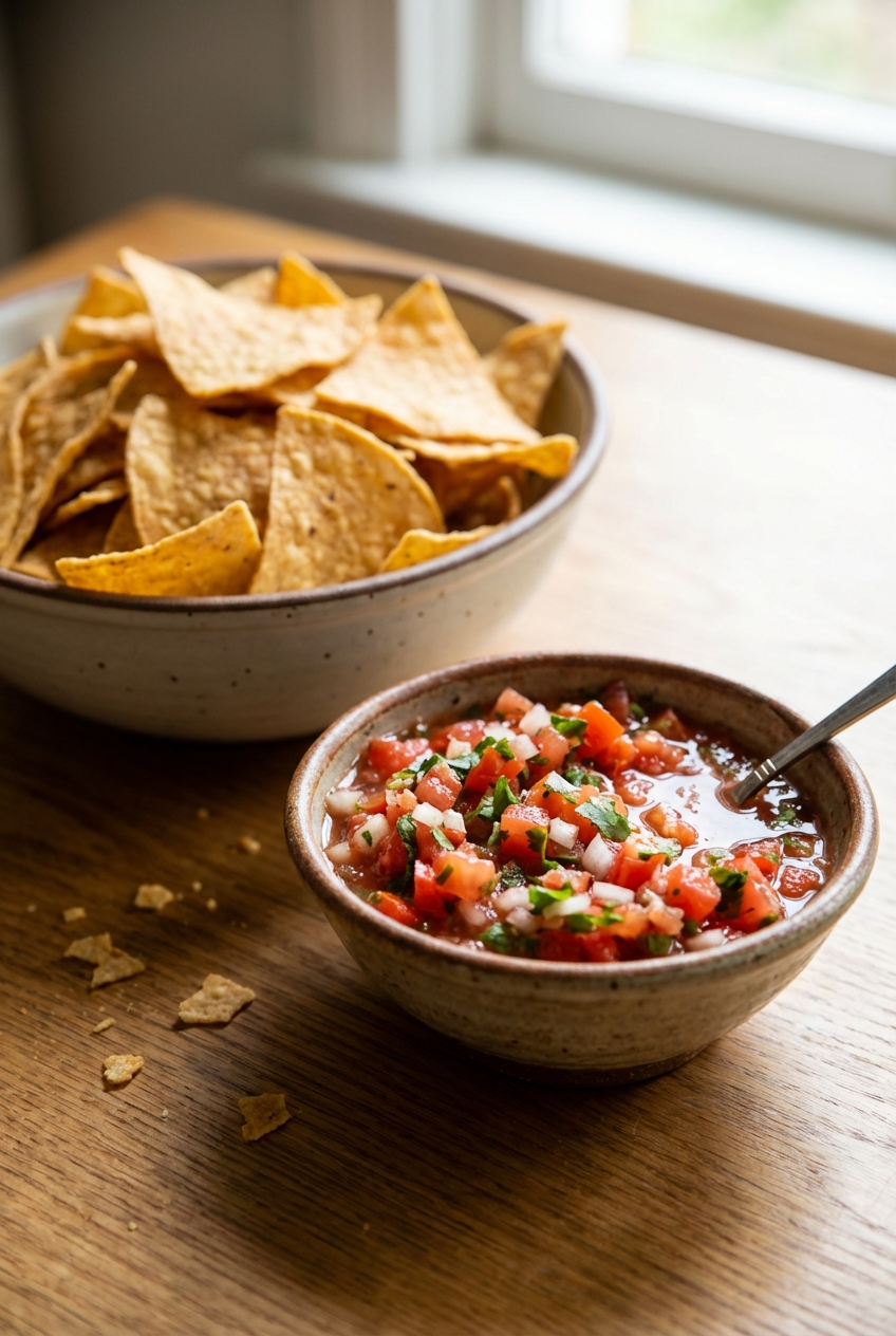 A real photograph of a bowl of tortilla chips with a small bowl of fresh salsa