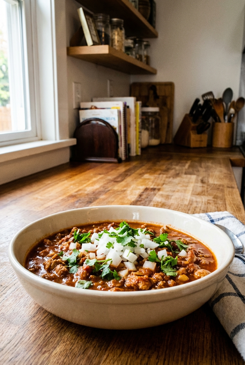 A real photograph of a bowl of turkey chili topped with chopped onions and cilantro