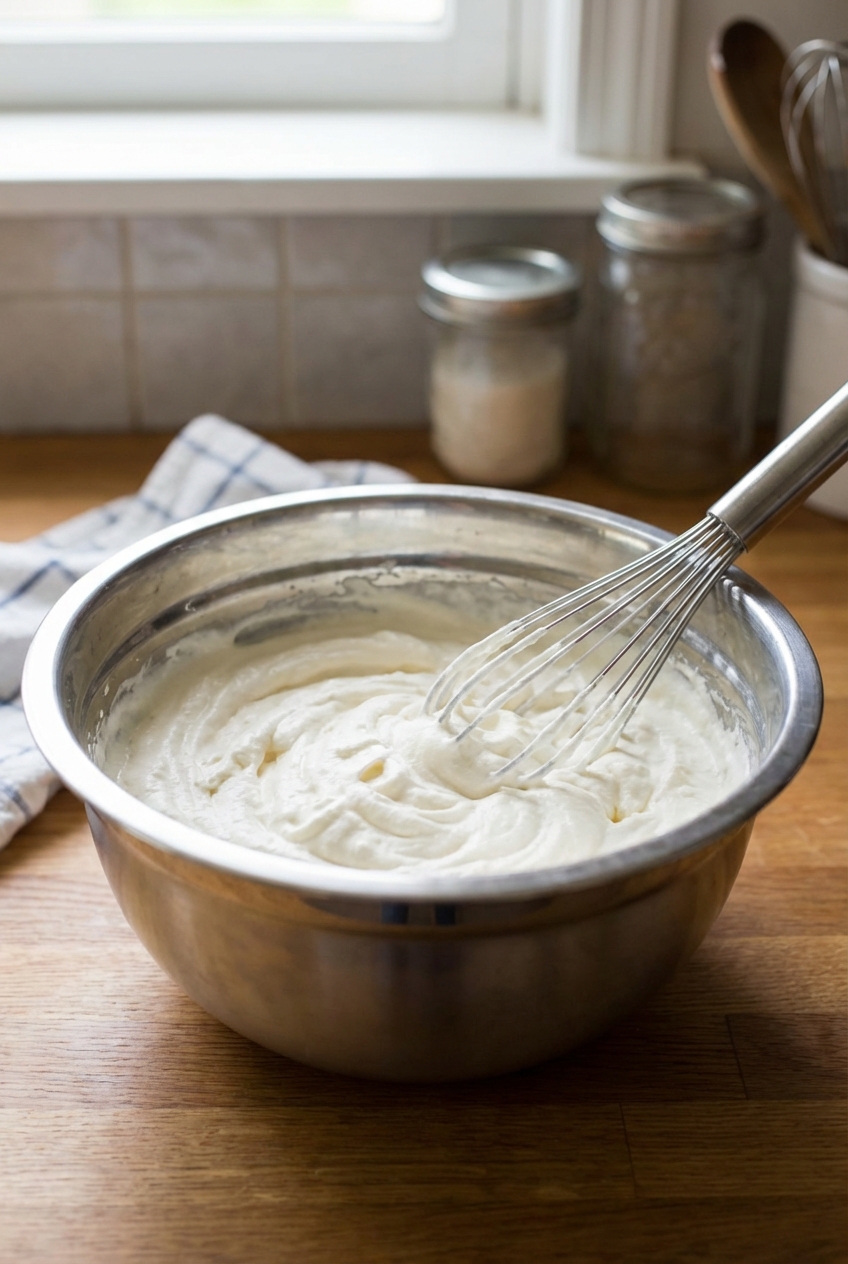 A real photograph of a bowl of vanilla whipped cream with a whisk on a countertop
