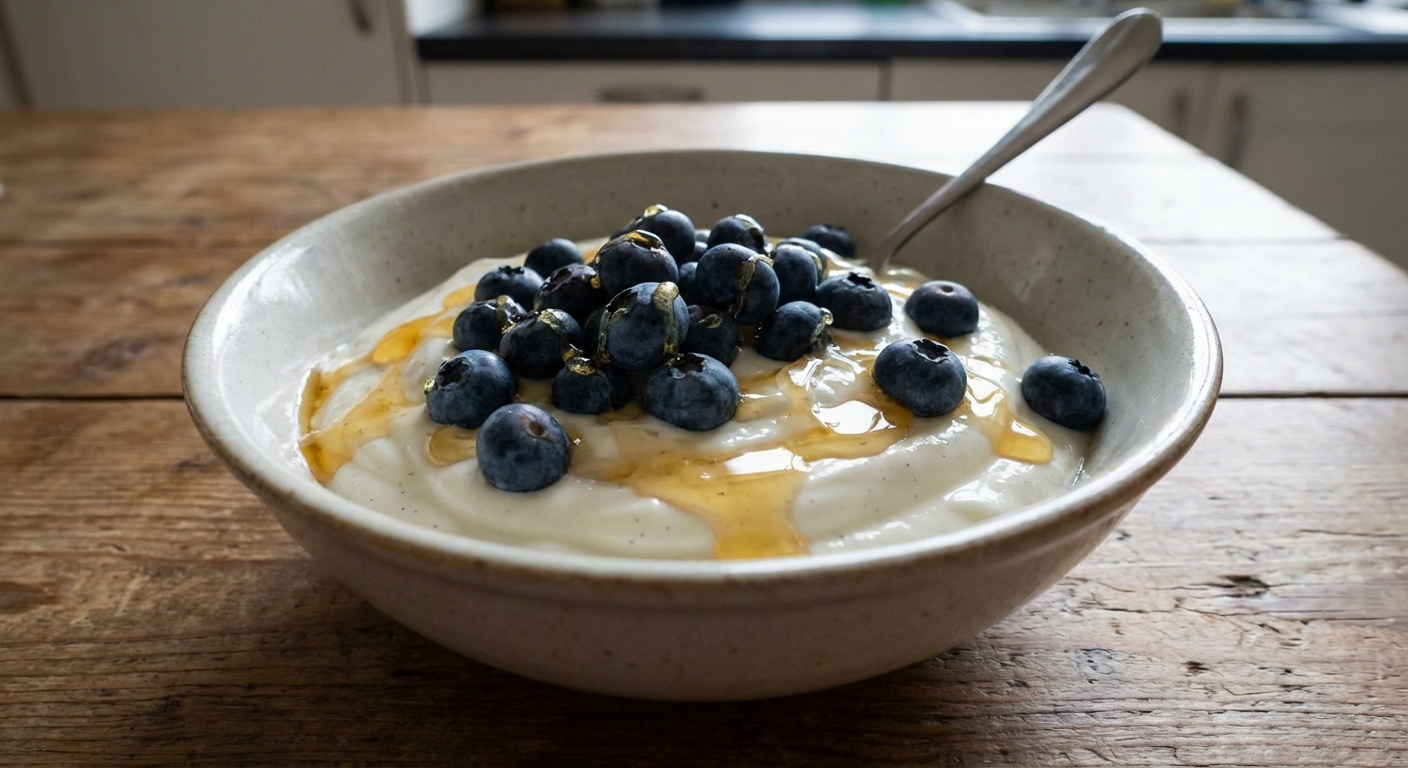 A real photograph of a bowl of vanilla yogurt topped with fresh blueberries and a drizzle of honey