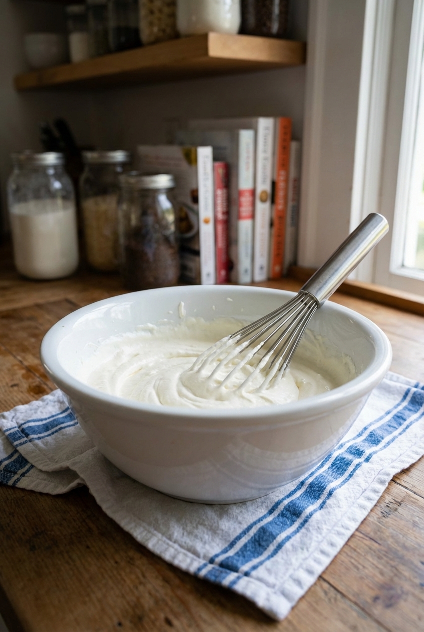 A real photograph of a bowl of whipped cream with a whisk resting inside on a kitchen towel