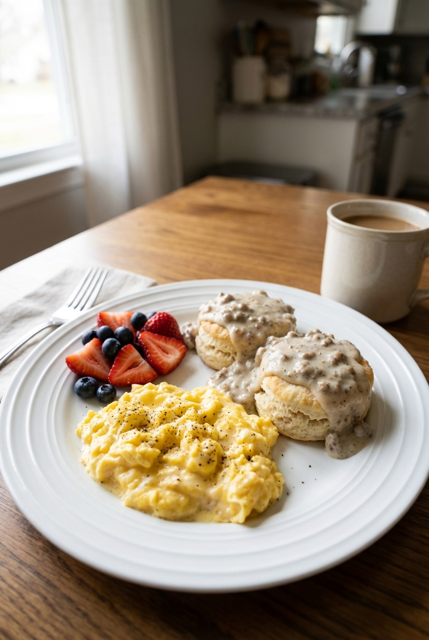 A real photograph of a breakfast plate with biscuits and gravy, scrambled eggs, and sliced fruit on a white plate in natural window light