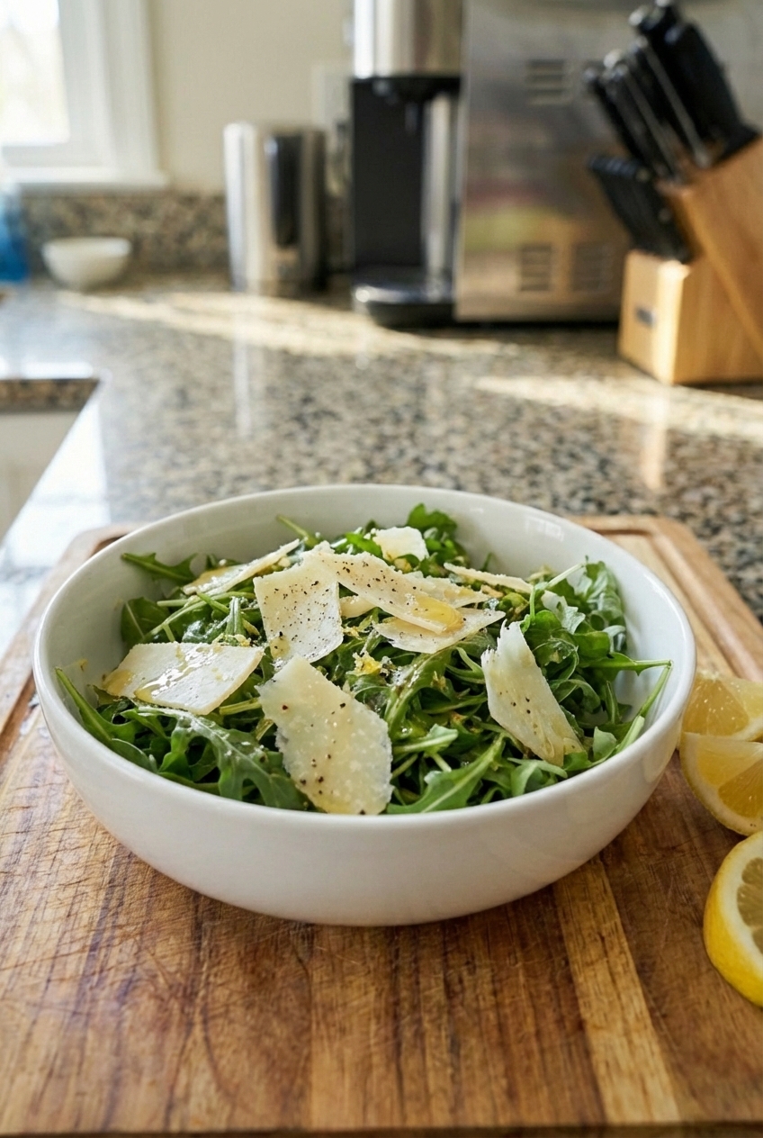 A real photograph of a bright arugula salad with shaved parmesan and lemon vinaigrette in a white bowl