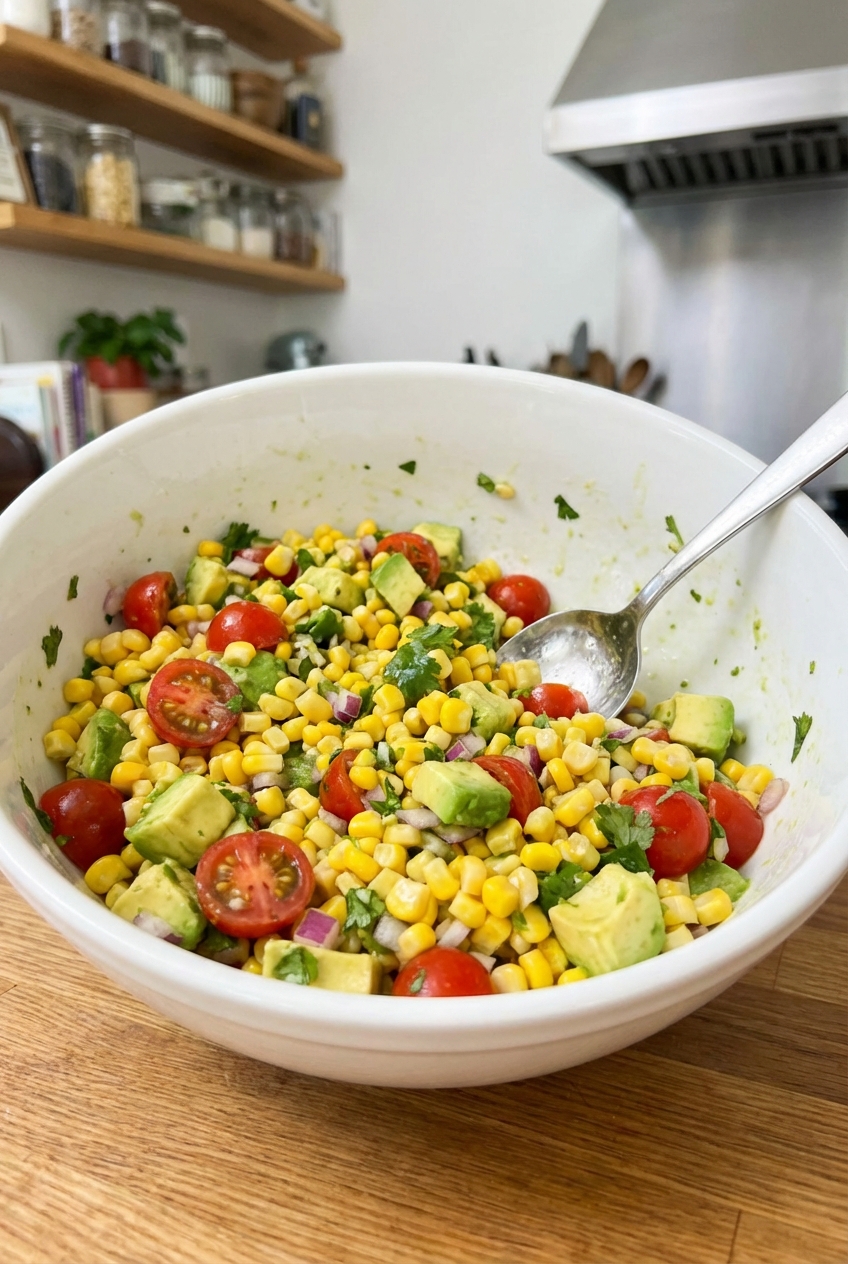 A real photograph of a bright corn and avocado salad in a white bowl with a spoon