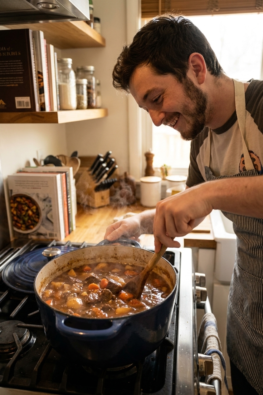 A real photograph of a bubbling Dutch oven filled with classic beef stew, showing tender beef chunks, carrots, and potatoes in a glossy brown gravy on a stovetop in a home kitchen