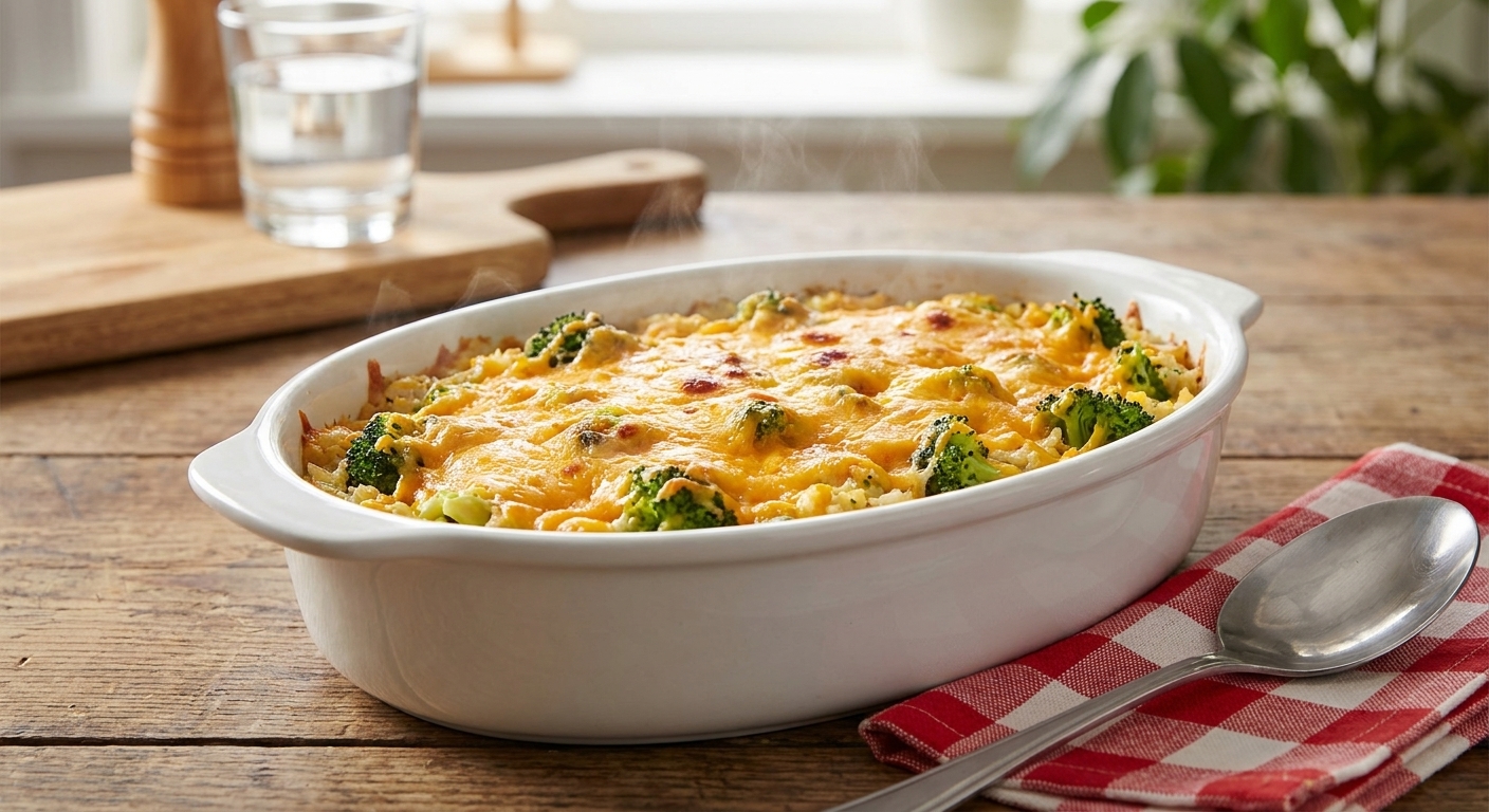 A real photograph of a bubbling cheesy broccoli rice casserole in a white ceramic baking dish with a golden melted cheddar top, sitting on a wooden table with a serving spoon nearby