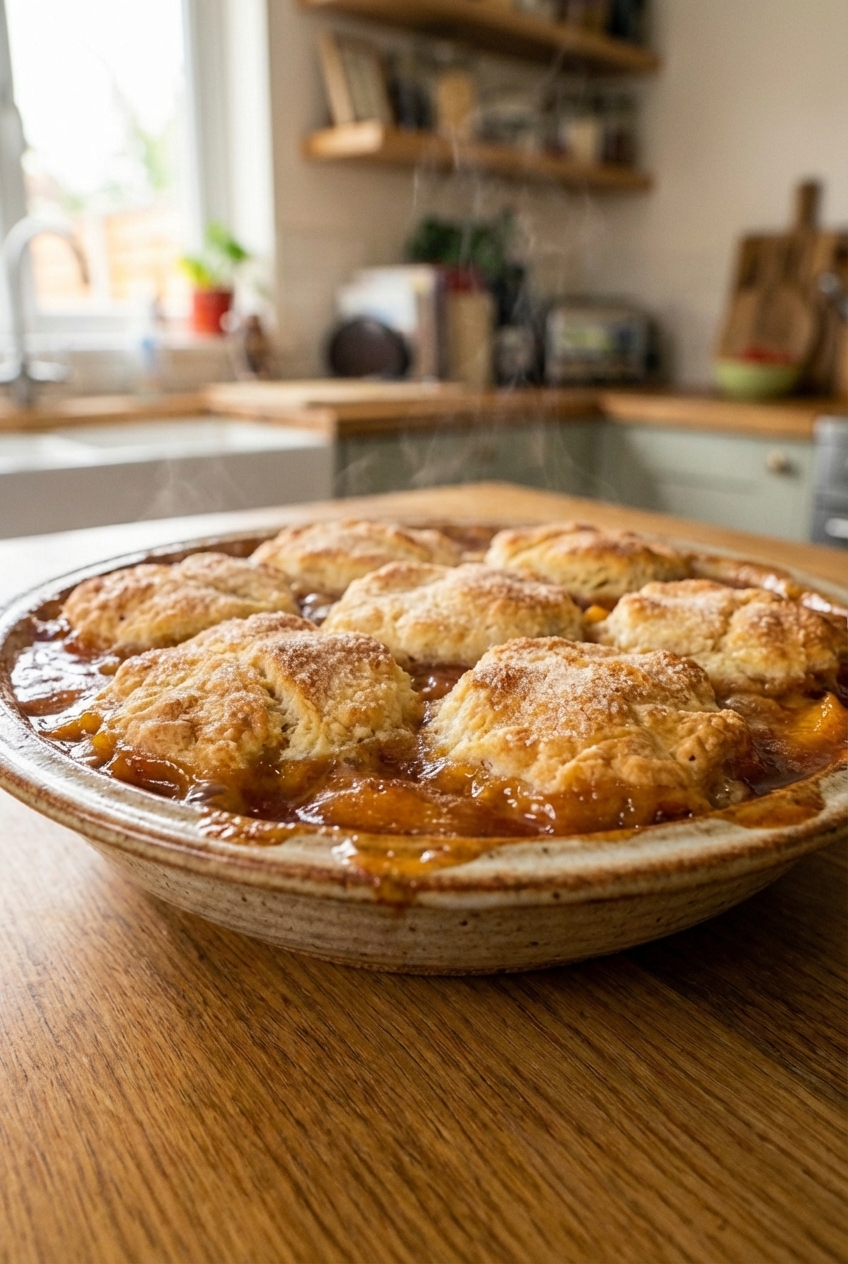 A real photograph of a bubbling peach cobbler in a baking dish with golden biscuit topping