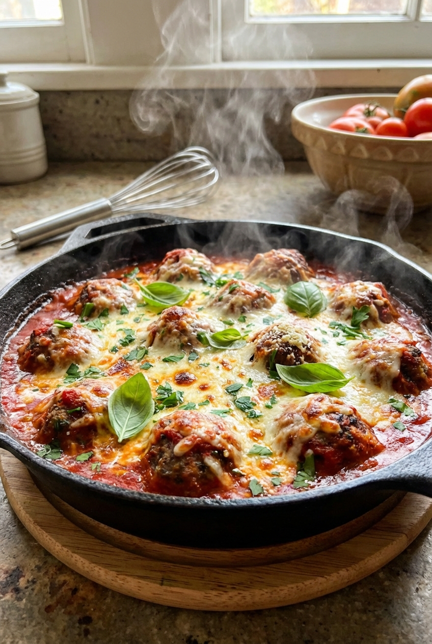 A real photograph of a bubbly pan of baked meatballs in tomato sauce