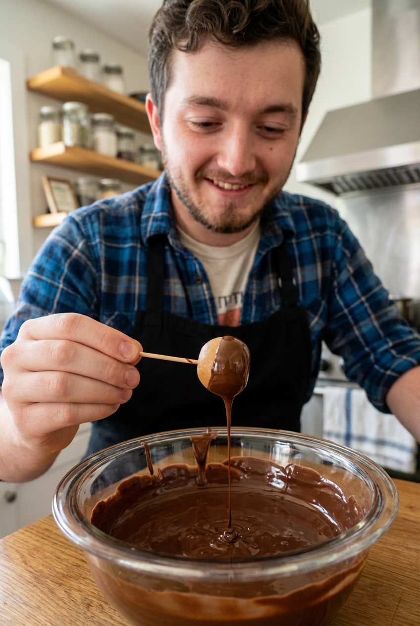A real photograph of a buckeye candy being dipped into melted chocolate in a bowl, held by a toothpick