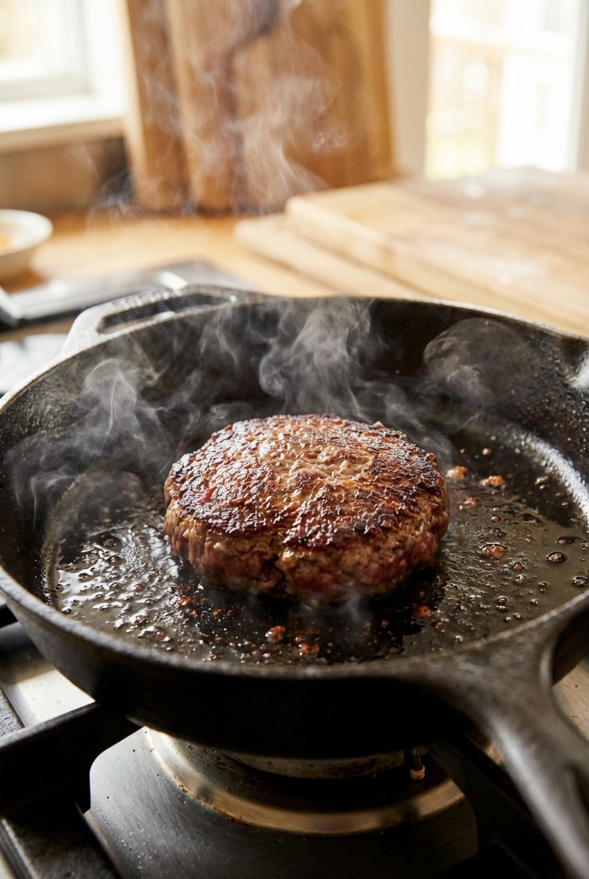A real photograph of a burger patty searing in a cast iron skillet with a deep brown crust forming